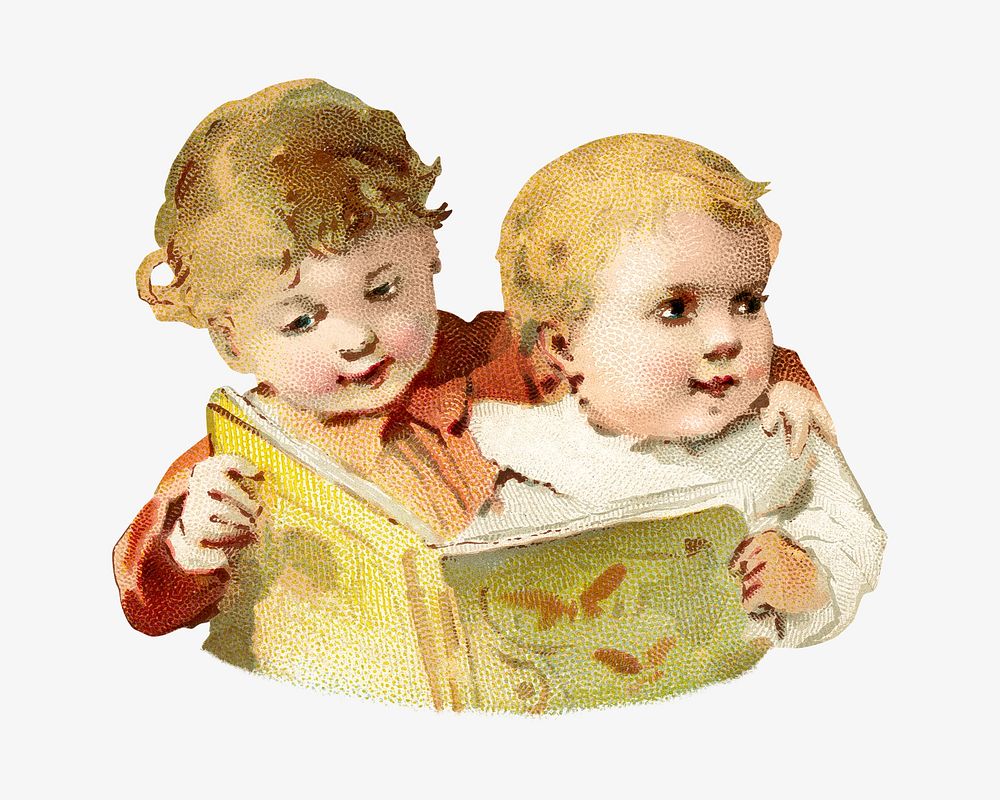 Vintage little boys reading book, chromolithograph illustration. Remixed by rawpixel. 