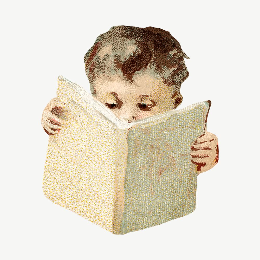 Little boy reading book, chromolithograph illustration psd. Remixed by rawpixel. 