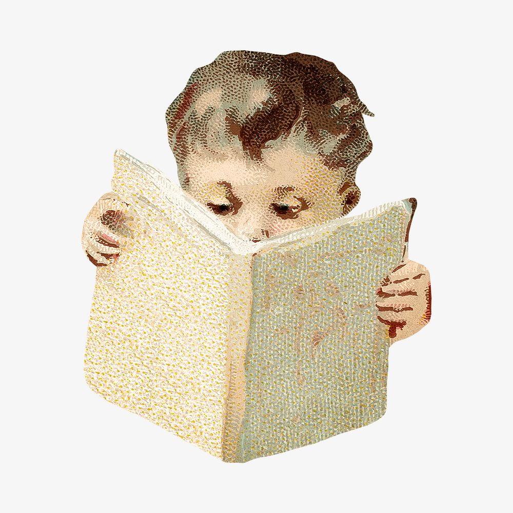 Vintage little boy reading book, chromolithograph illustration. Remixed by rawpixel. 