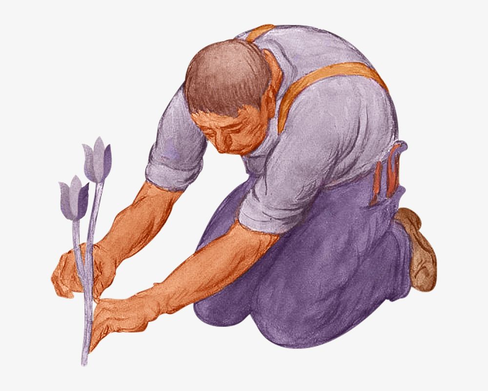 Man planting flower, vintage illustration by Jose Moya del Pino. Remixed by rawpixel.