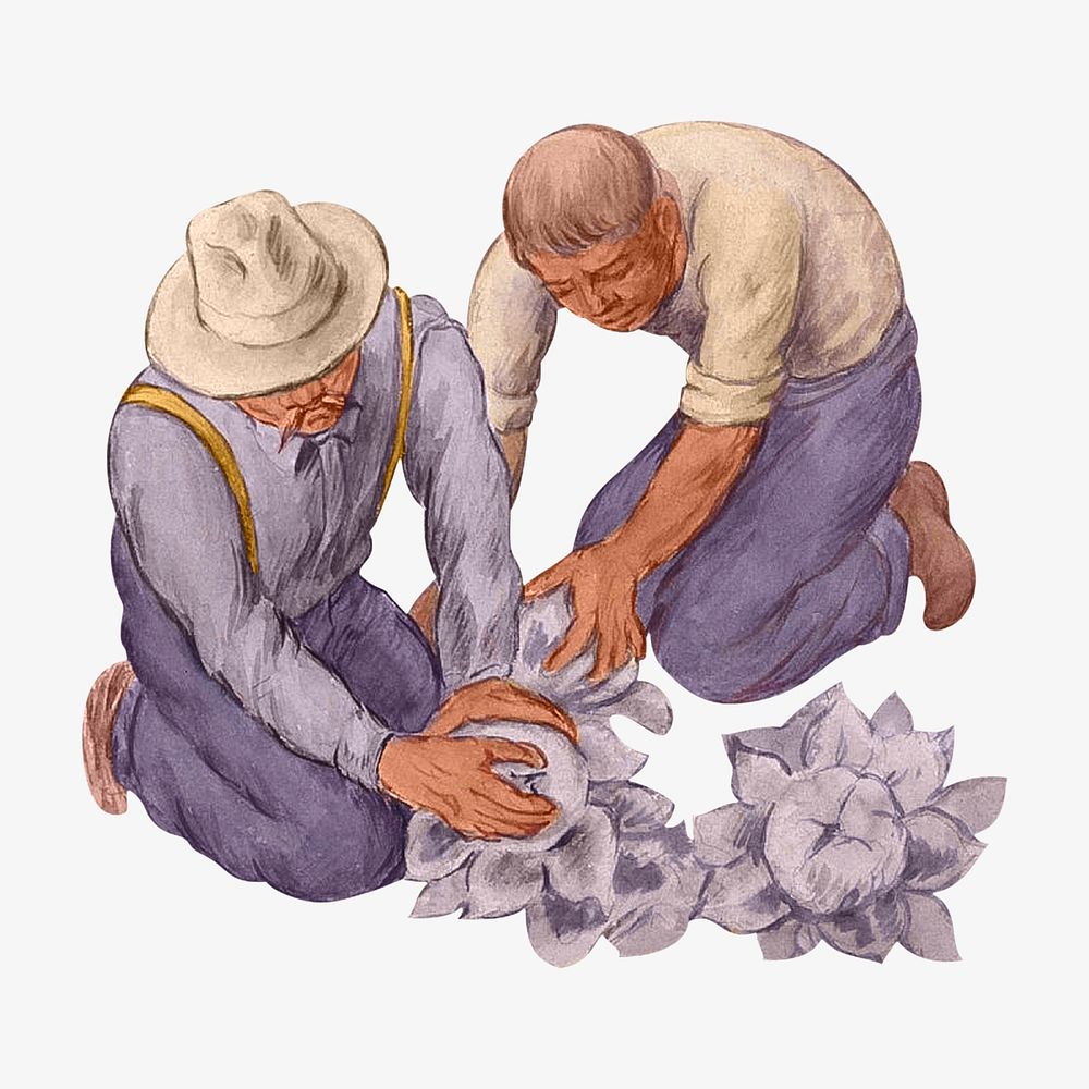 Men planting flower, vintage illustration by Jose Moya del Pino. Remixed by rawpixel.