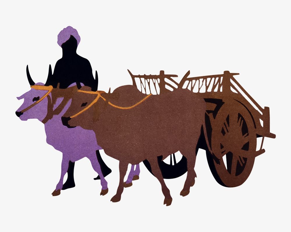 Ox cart & man silhouette, Indian illustration. Remixed by rawpixel.