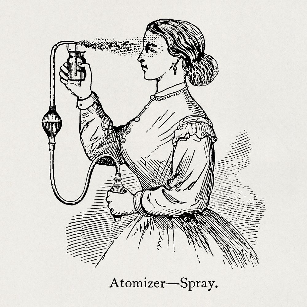 Perfume atomizer (1875), vintage woman illustration. Original public domain image from Wikimedia Commons.  Digitally…
