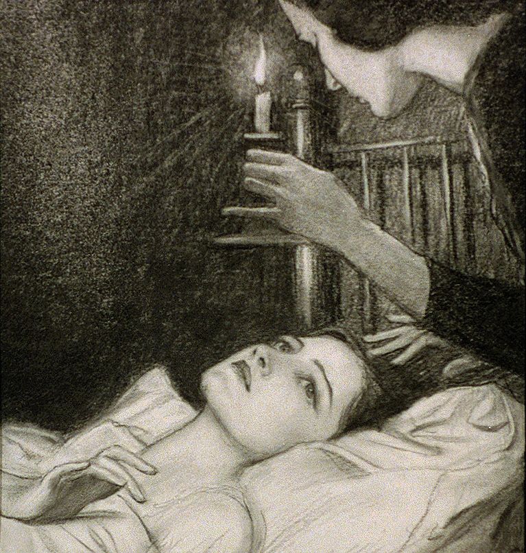 Woman with candle looking down at girl in bed (between 1890 and 1948) by Wladyslaw Theodore Benda