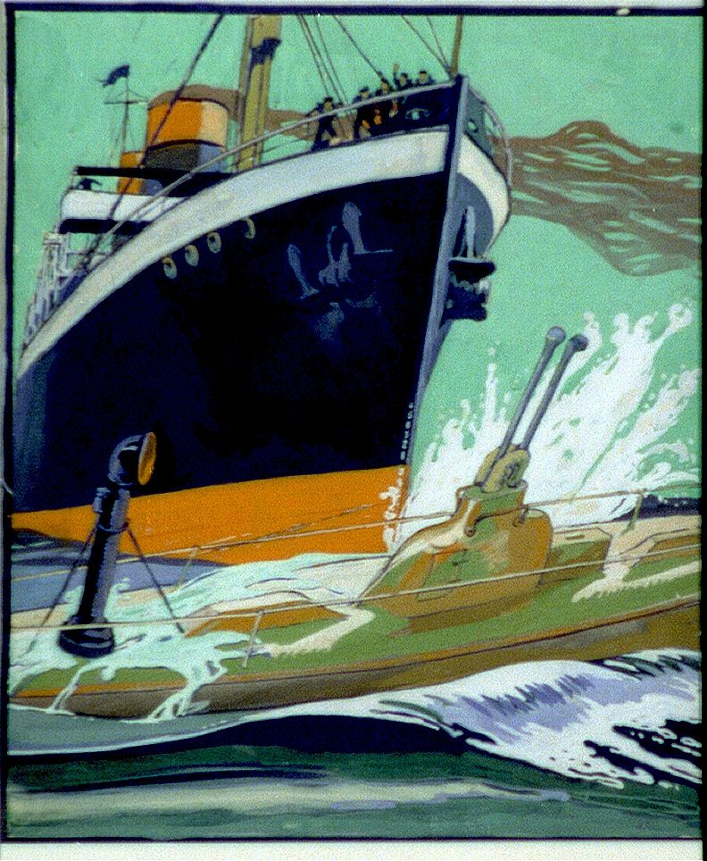 Ship ramming a submarine during World War I (1915) by Edward Penfield