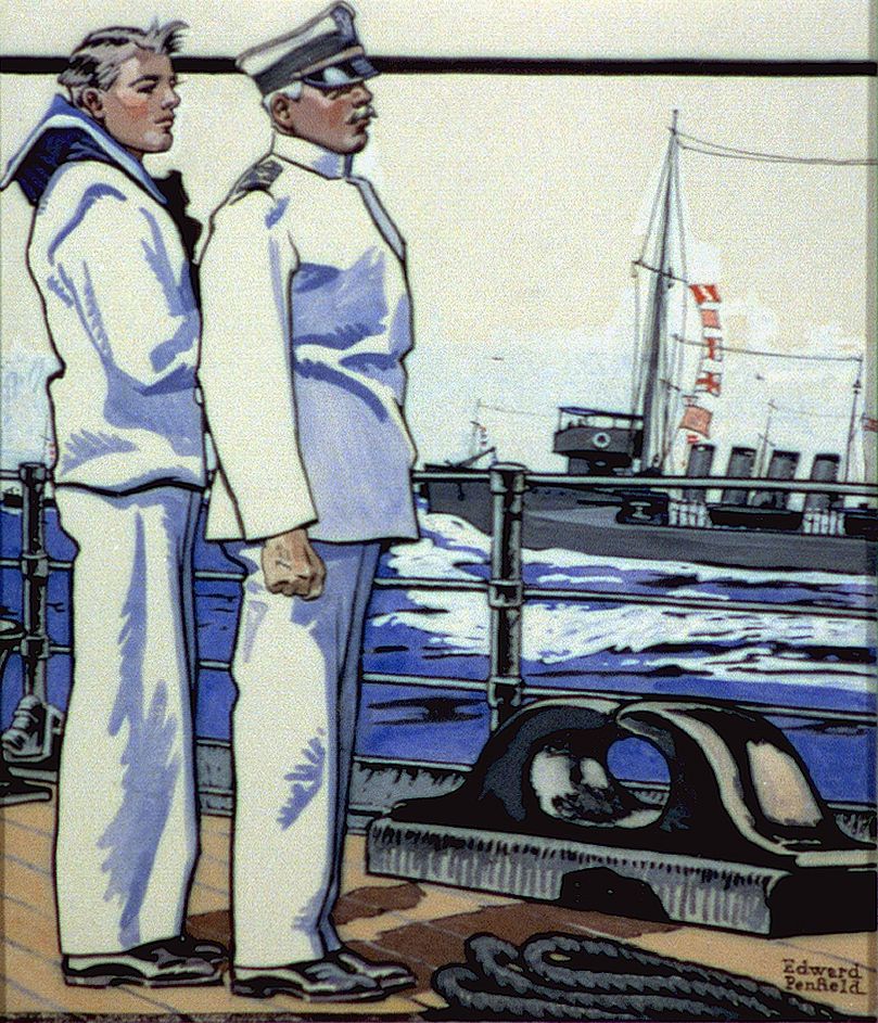 Sailor and officer standing on deck (1917) by Edward Penfield