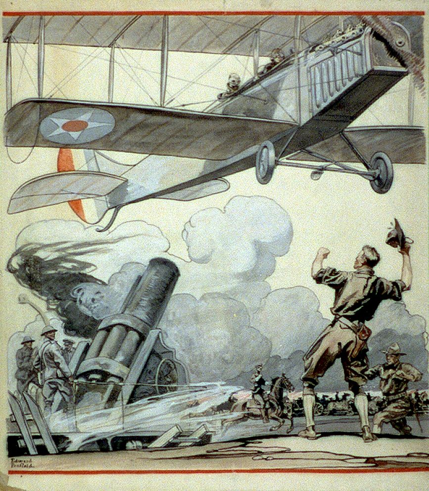 Airplane, artillery gun, and soldiers (1917) by Edward Penfield