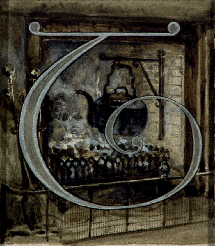 Initial letter "T" and fireplace with steaming kettle (between 1870 and 1932) by Alice Barber Stephens