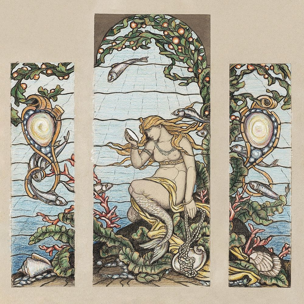 Study for "The Mermaid Window," A.H. Barney Residence, New York, NY (1882) by Elihu Vedder. Original public domain image…