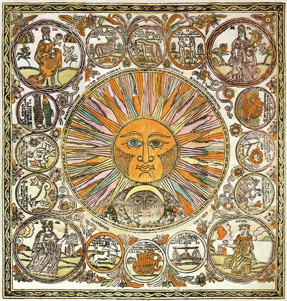 Sun, Moon, seasons and twelve months as signs of the Zodiac. Splint (late 17th - early 18th centuries) vintage illustration.…