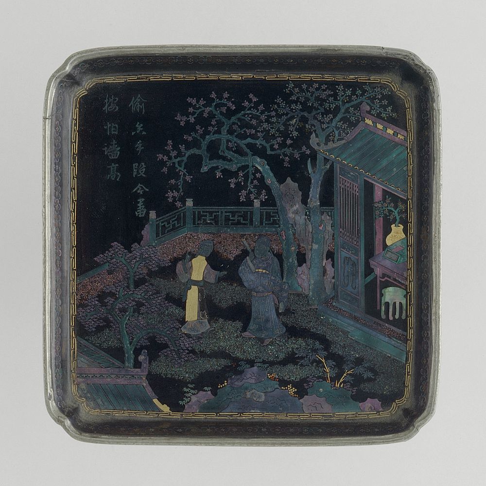 Square Dish (Die) with Scholar and Maiden in a Garden