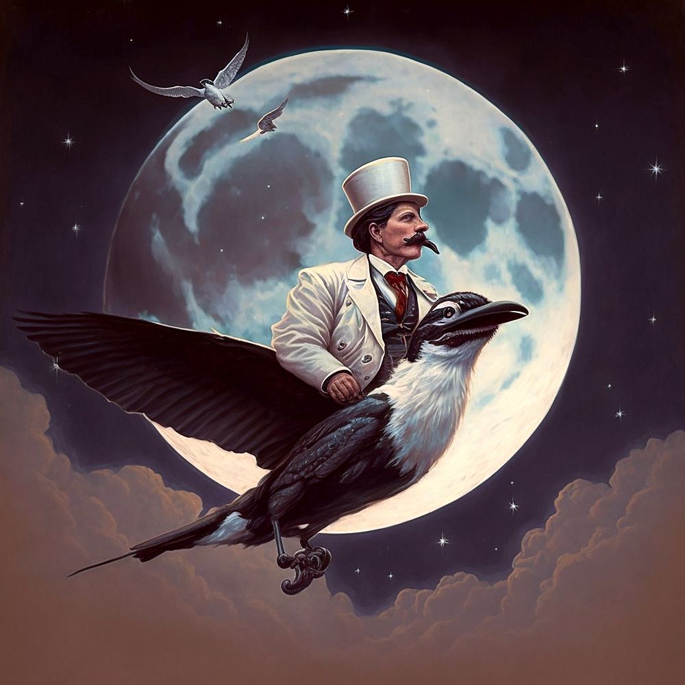 Nikola Tesla flies on the back of a bird to the moon (2022) chromolithograph art. Original public domain image from…