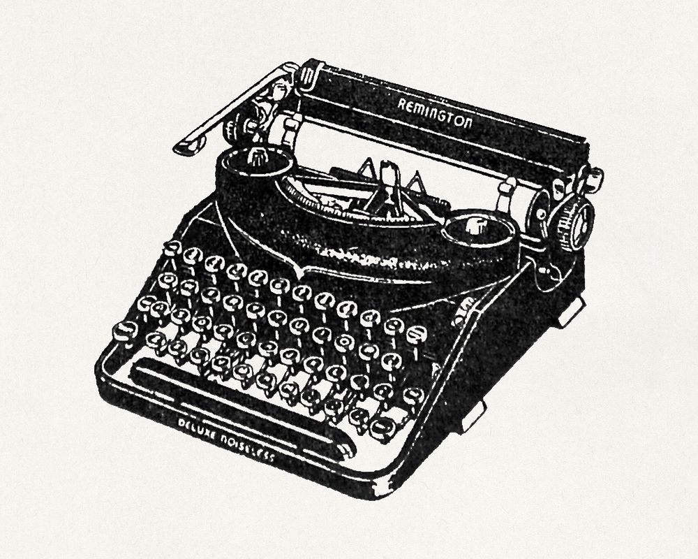 Drawing of a Remington Deluxe Noiseless Portable Typewriter (1941) vintage icon by Weird Tales, Inc. Original public domain…