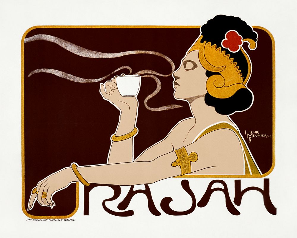 Poster showing woman holding up glass of coffee (Rajah brand) (1897) chromolithograph by Henri Meunier. Original public…