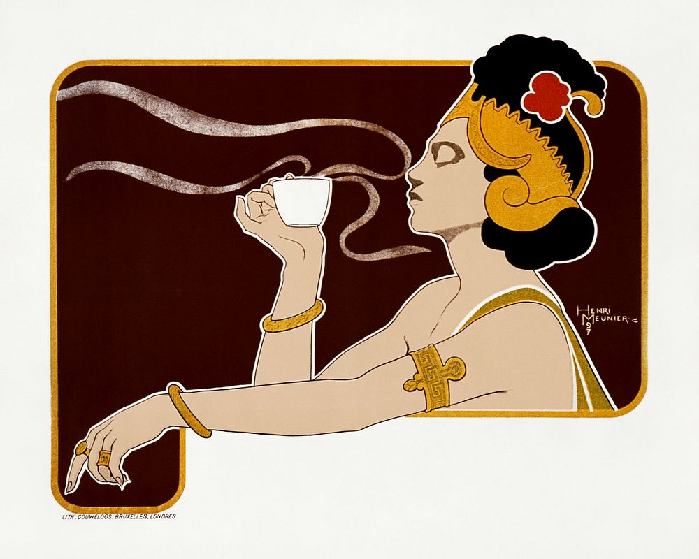 Poster showing woman holding up glass of coffee (Rajah brand) (1897) chromolithograph by Henri Meunier. Original public…