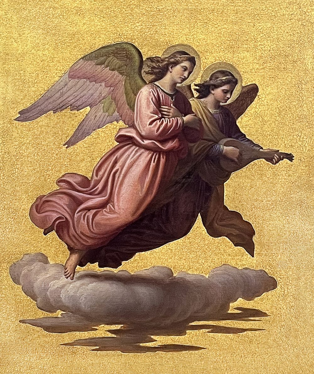 Two angels floating (1865) tempera art by Johann von Schraudolph. Original public domain image from Wikipedia. Digitally…