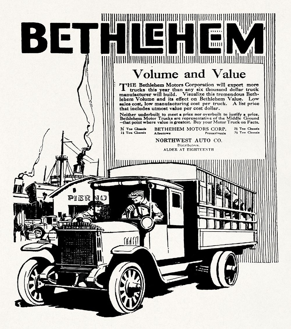 Oregon newspaper ad for Bethlehem Trucks (1920) chromolithograph by Bethlehem Motors. Original public domain image from…