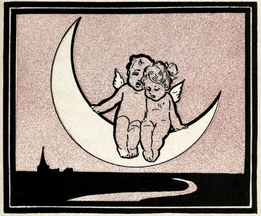 Matrimonial Primer - cherubs on crescent moon (1905) drawing by Gordon Ross. Original public domain image from Wikipedia.…