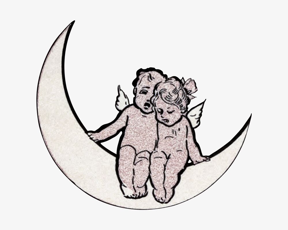 Vintage cherubs sitting on crescent moon illustration. Remixed by rawpixel. 