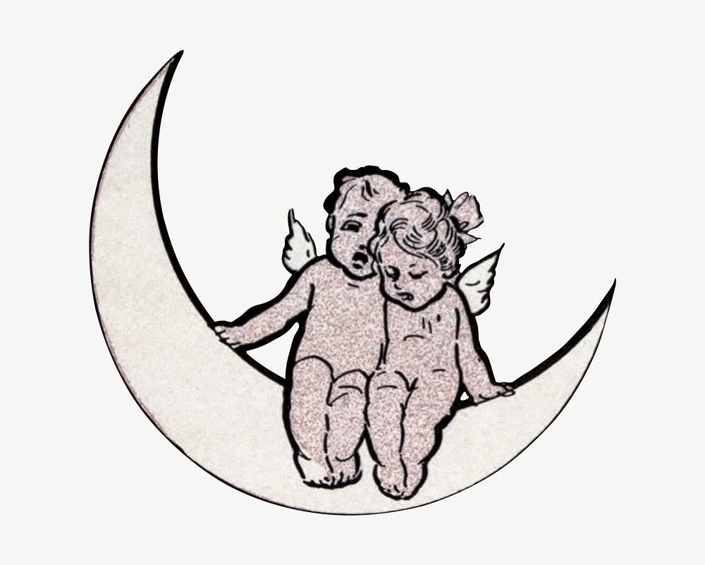 Vintage cherubs sitting on crescent moon illustration psd. Remixed by rawpixel. 