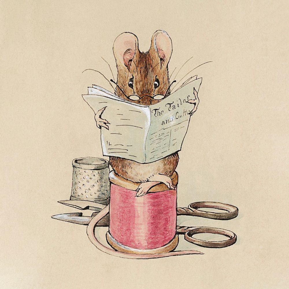 The Tailor Mouse (1902) watercolor art by Helen Beatrix Potter. Original public domain image from Wikipedia. Digitally…