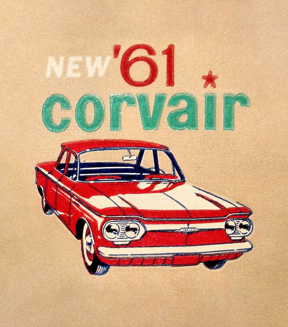 NEW '61 CORVAIR car art detail, Ed Newman Chevrolet - Matchcover (1961) chromolithograph. Original public domain image from…