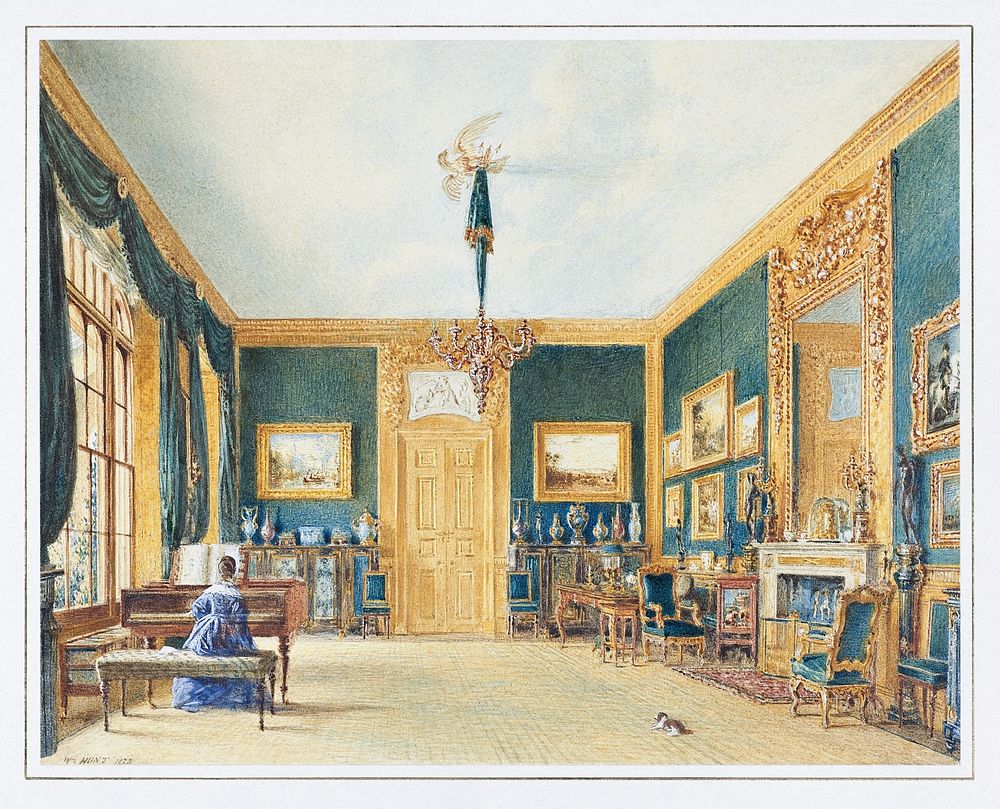 The Green Drawing Room of the Earl of Essex at Cassiobury (1790&ndash;1864), vintage interior illustration by William Henry…