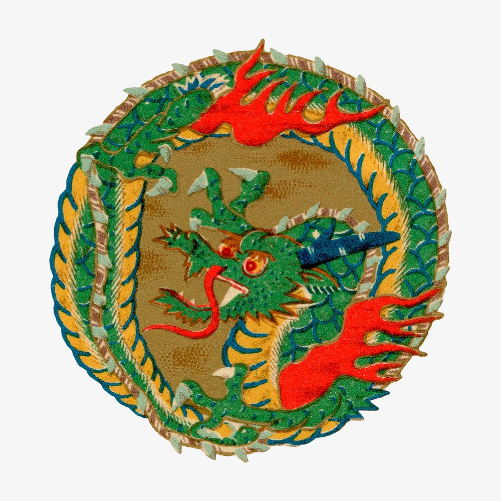 Japanese dragon badge, mythical creature illustration. Remixed by rawpixel.