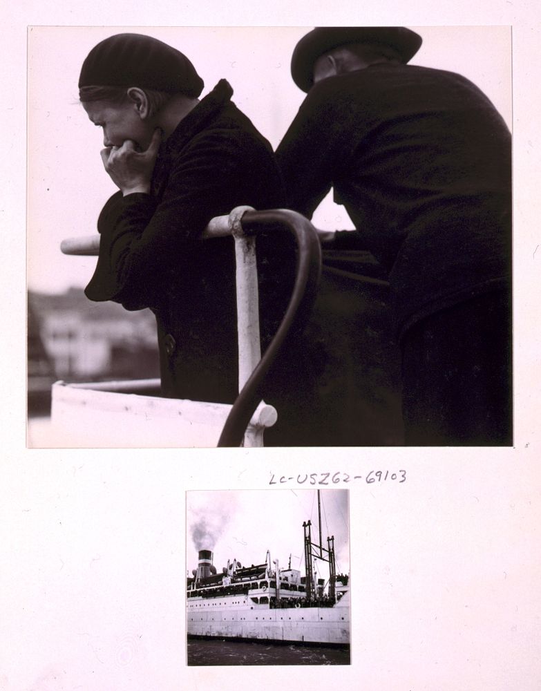 [Two scenes of the U.S.A.T. St. Mihiel at San Francisco: A couple leaning over railing, and a midship starboard view of…
