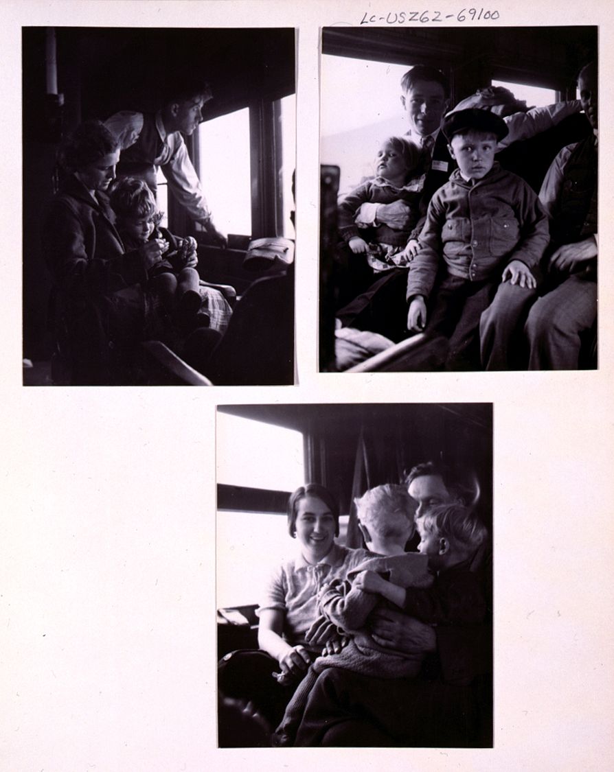 [Three scenes of rural rehabilitation colonists: Views of parents traveling with children in a railroad passenger car].…