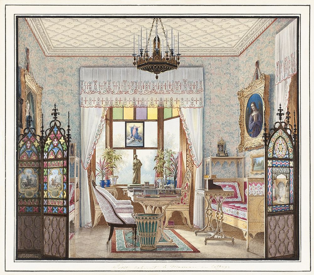Empress Alexandra Feodorovna's Sitting Room, Cottage Palace, St. Petersburg, Russia, (1835), vintage interior illustration…