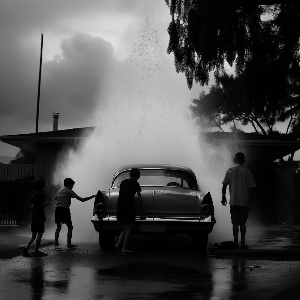A family washing a car silhouette outdoors vehicle. AI generated Image by rawpixel.