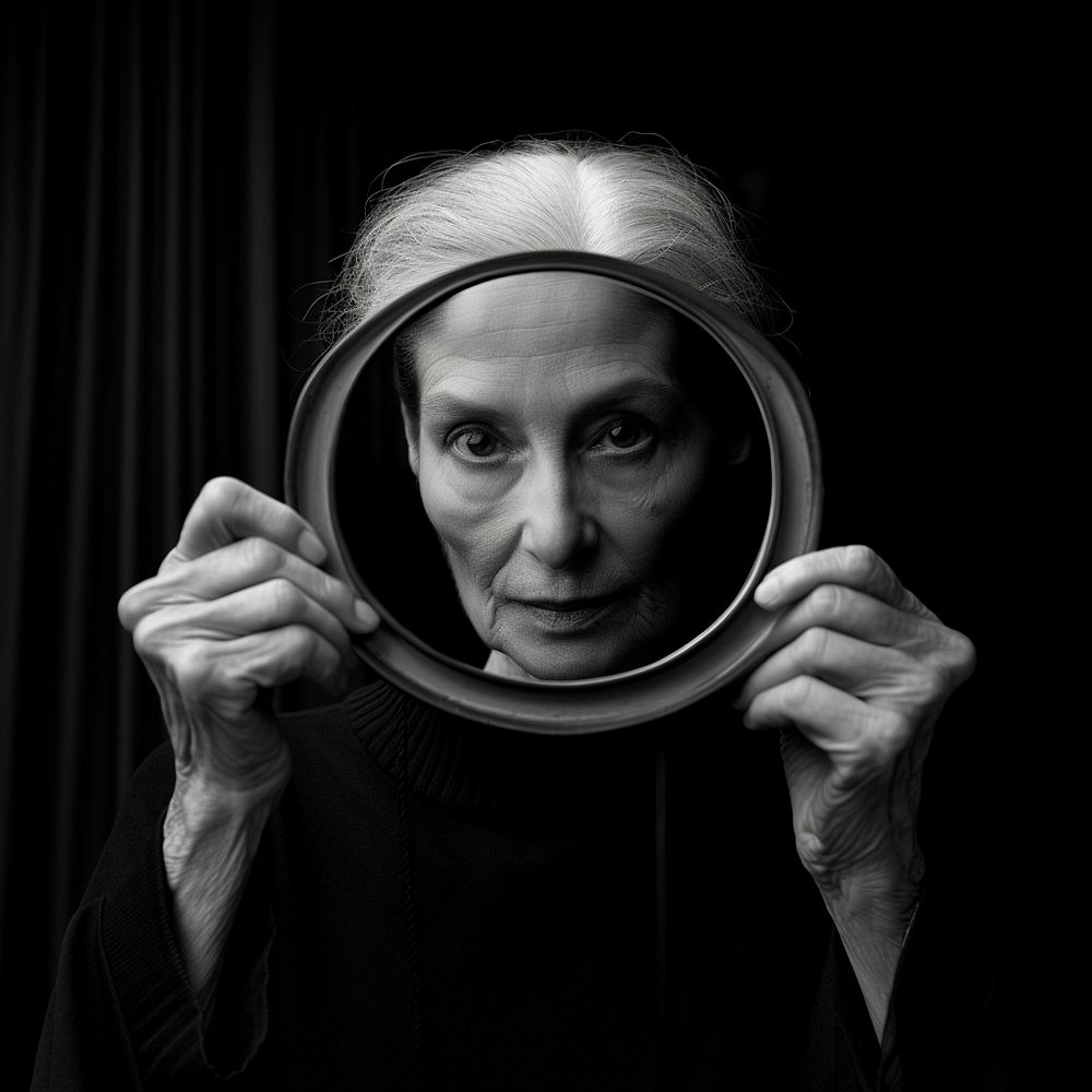 An elderly woman holding mirror that have her young woman face in the mirror photography portrait adult. 