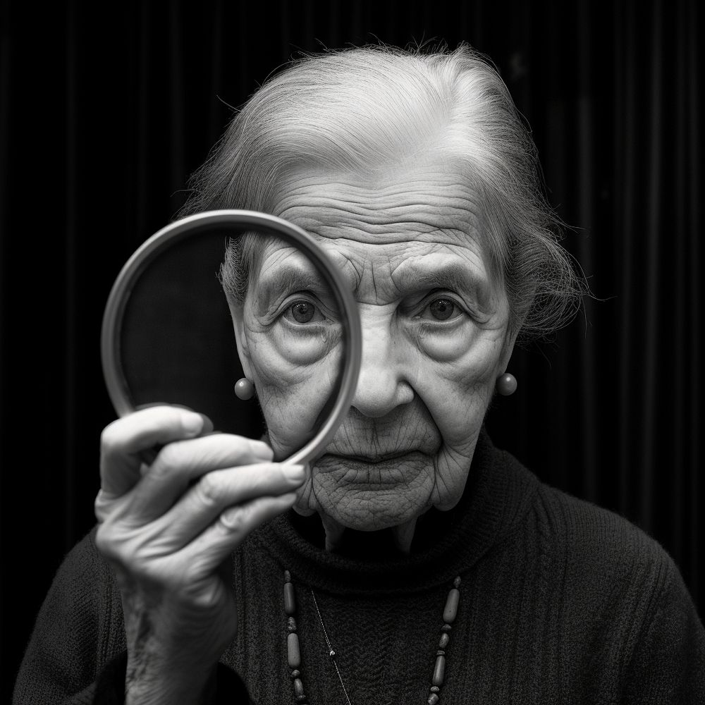 An elderly woman holding mirror that have her half face when she was young photography portrait adult. AI generated Image by…