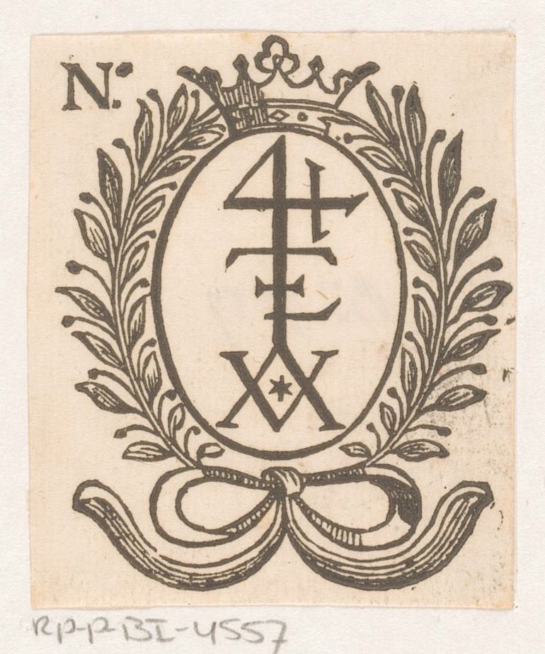 Vignet met een monogram en een kroon (1600 - 1699) by anonymous and Dirck de Bray