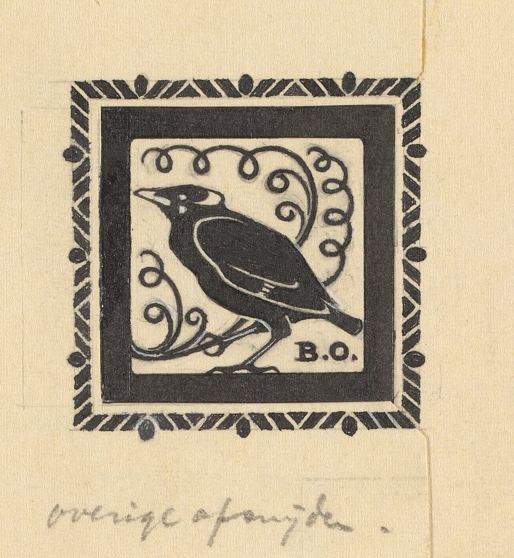 Ontwerp voor een ex libris met een vogel en de initialen B.O. (1887 - 1924) by Julie de Graag