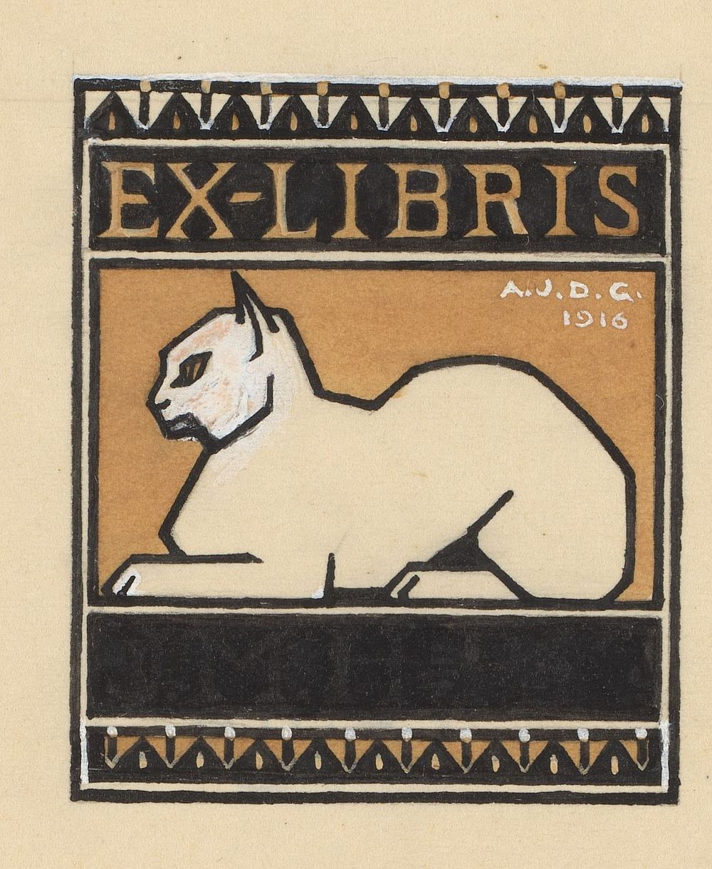Ontwerp voor een ex libris met een liggende kat (1916) by Julie de Graag