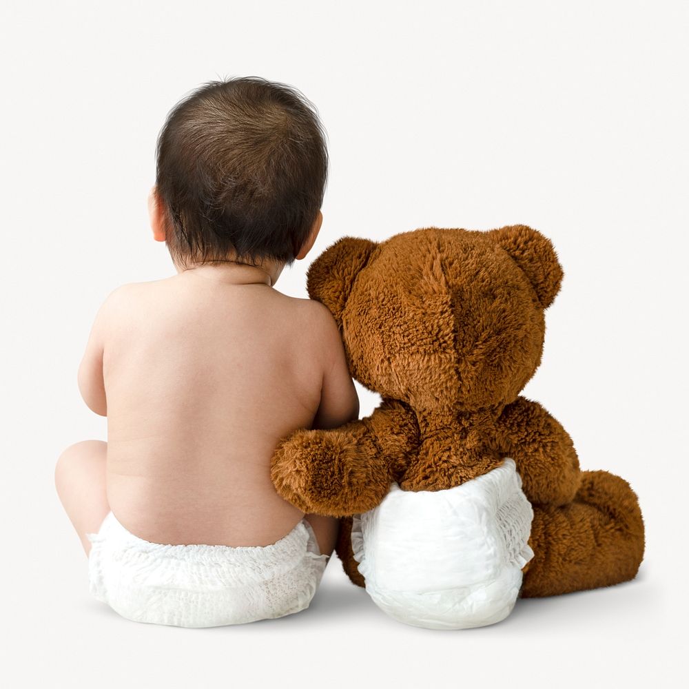 Baby, teddy bear, child care image, aerial view