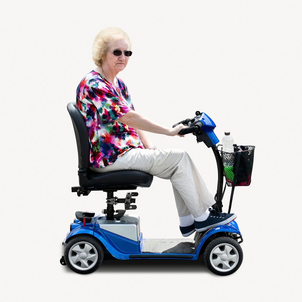 Old woman riding mobility scooter, senior healthcare concept psd