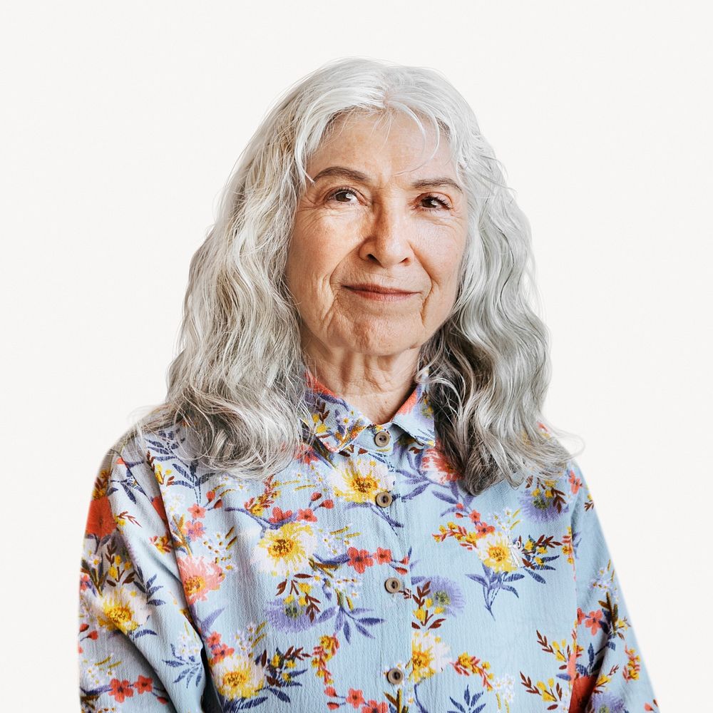 Cheerful senior woman portrait, wearing floral shirt