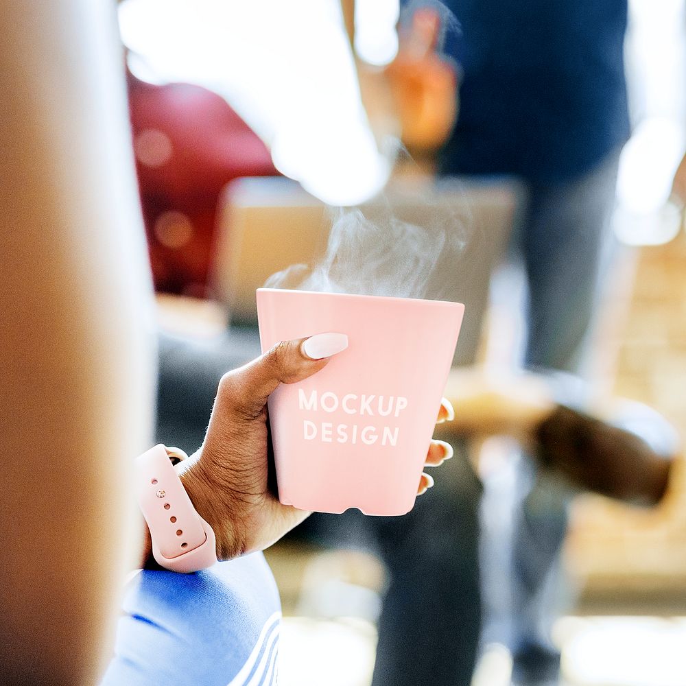 Black woman with a pink coffee cup mockup