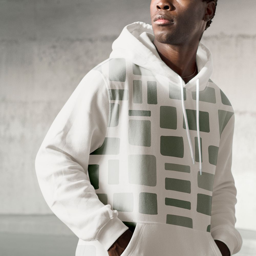 Printed white hoodie with green squares closeup men&rsquo;s apparel fashion shoot