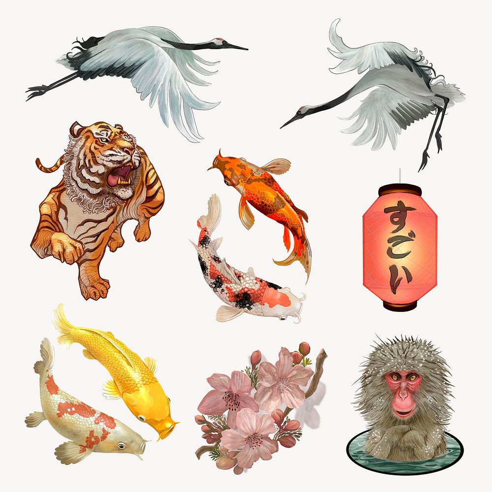 Japanese animal stickers, traditional realistic illustration set vector
