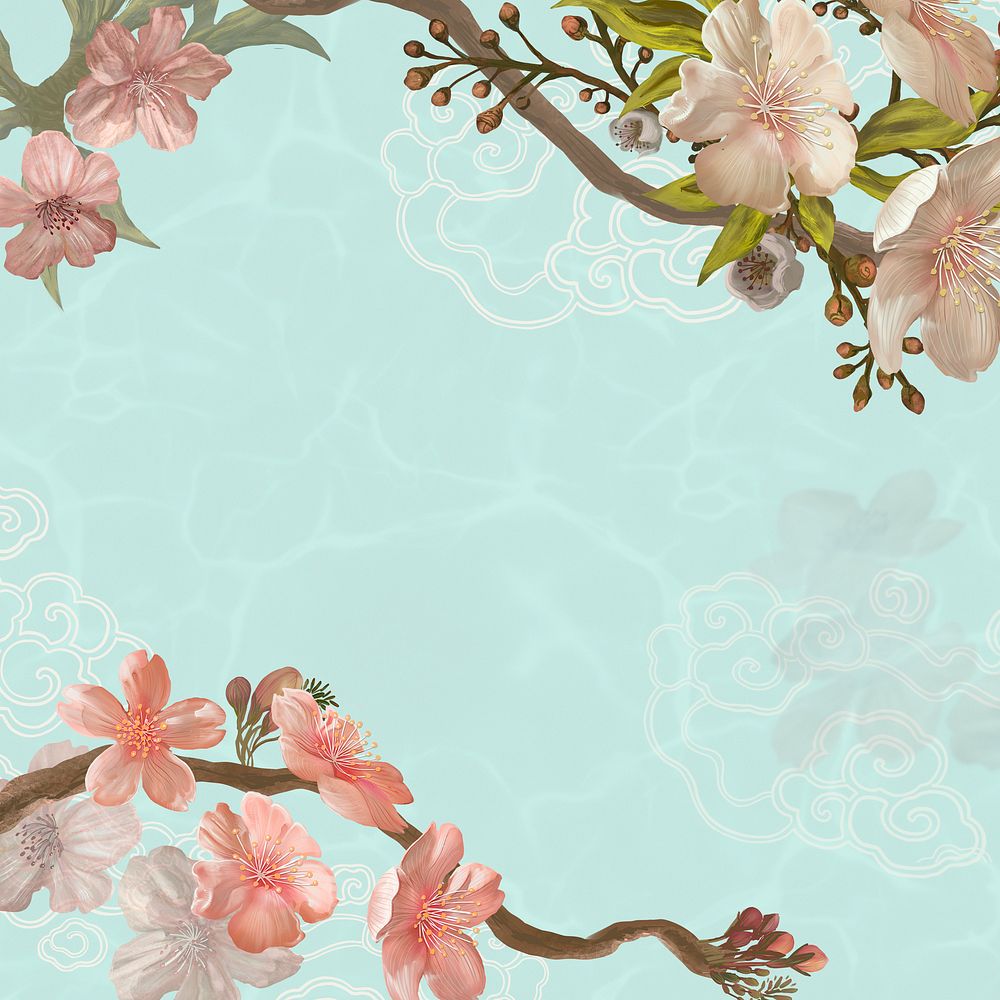 Oriental blue background, pink Sakura border psd