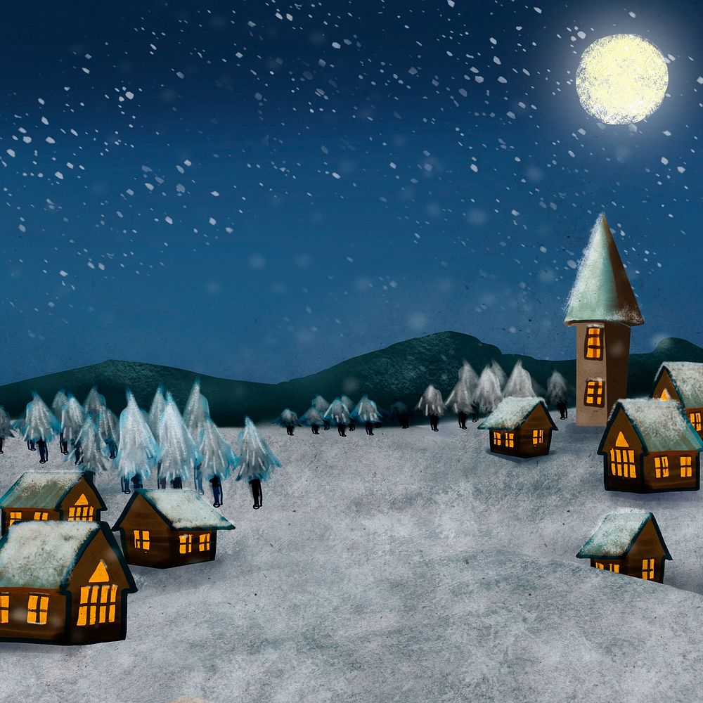 Winter night village background, full moon in the sky