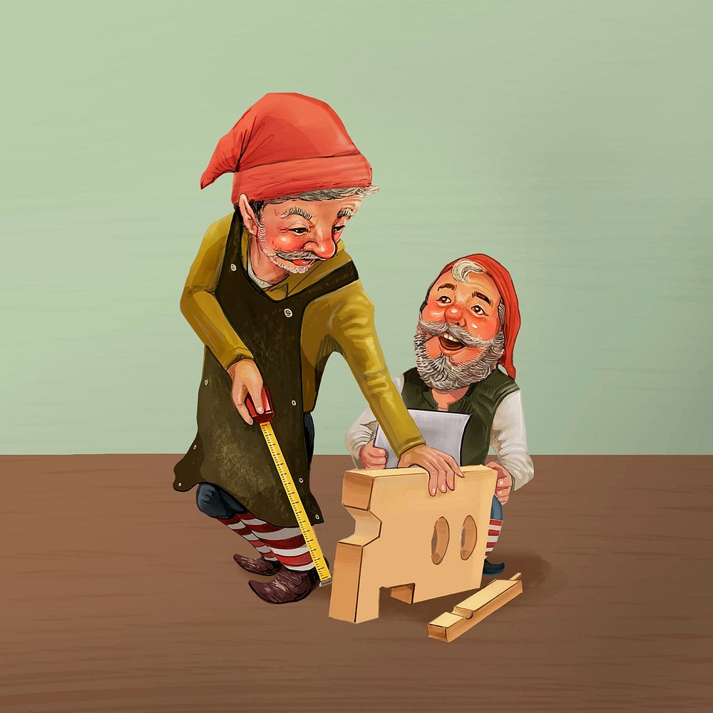 Christmas elves making toy from wood, hand drawn design vector