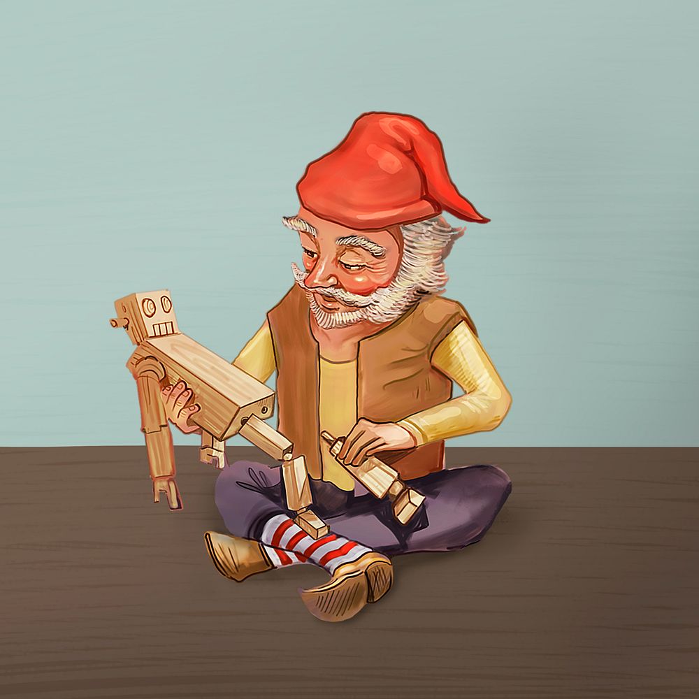 Christmas elf making wooden robot toy, hand drawn design psd