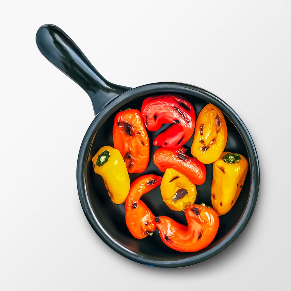 Grilled peppers in pan, food photography, flat lay style