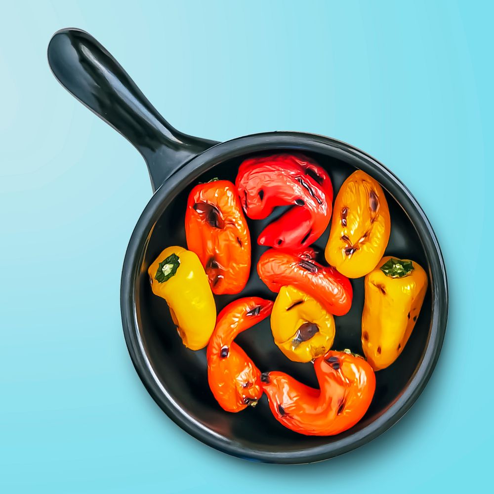 Grilled peppers in pan, food photography, flat lay style