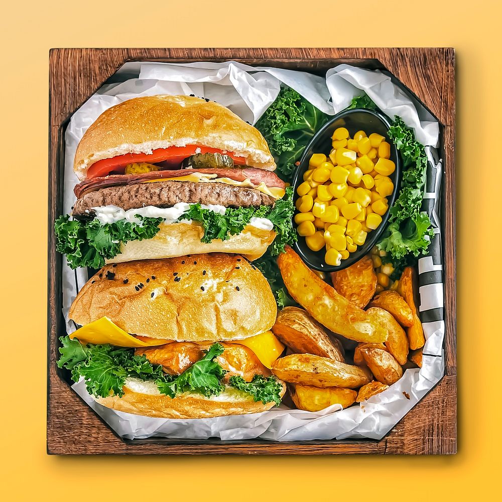 Hamburger meal on orange background, food photography
